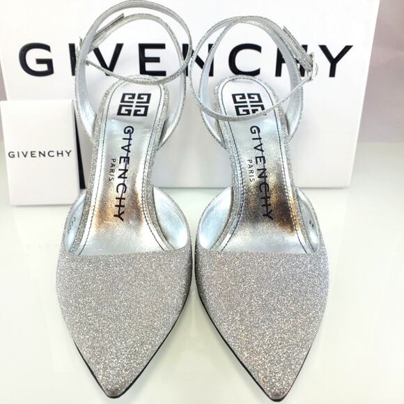 NWT$825 Givenchy Logo Ankle-Strap Silver Glitter Leather Pumps 100 Heels Sz 9 - Picture 2 of 16